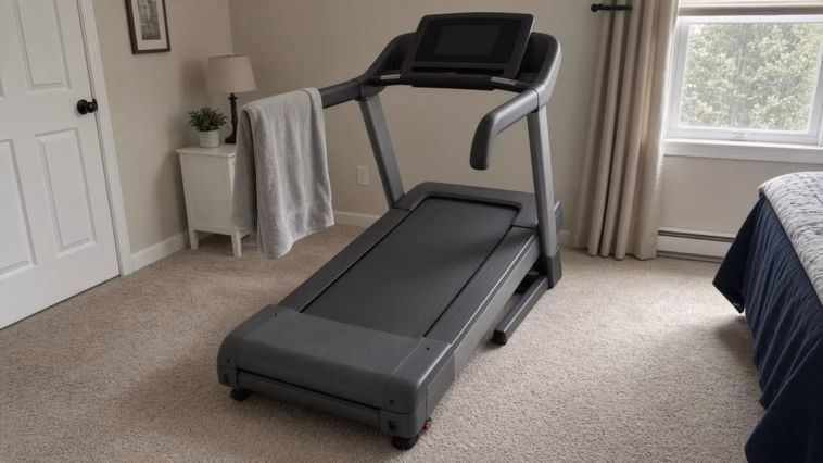 Treadmill set to a steep incline in a bright home gym for the 12-3-30 workout