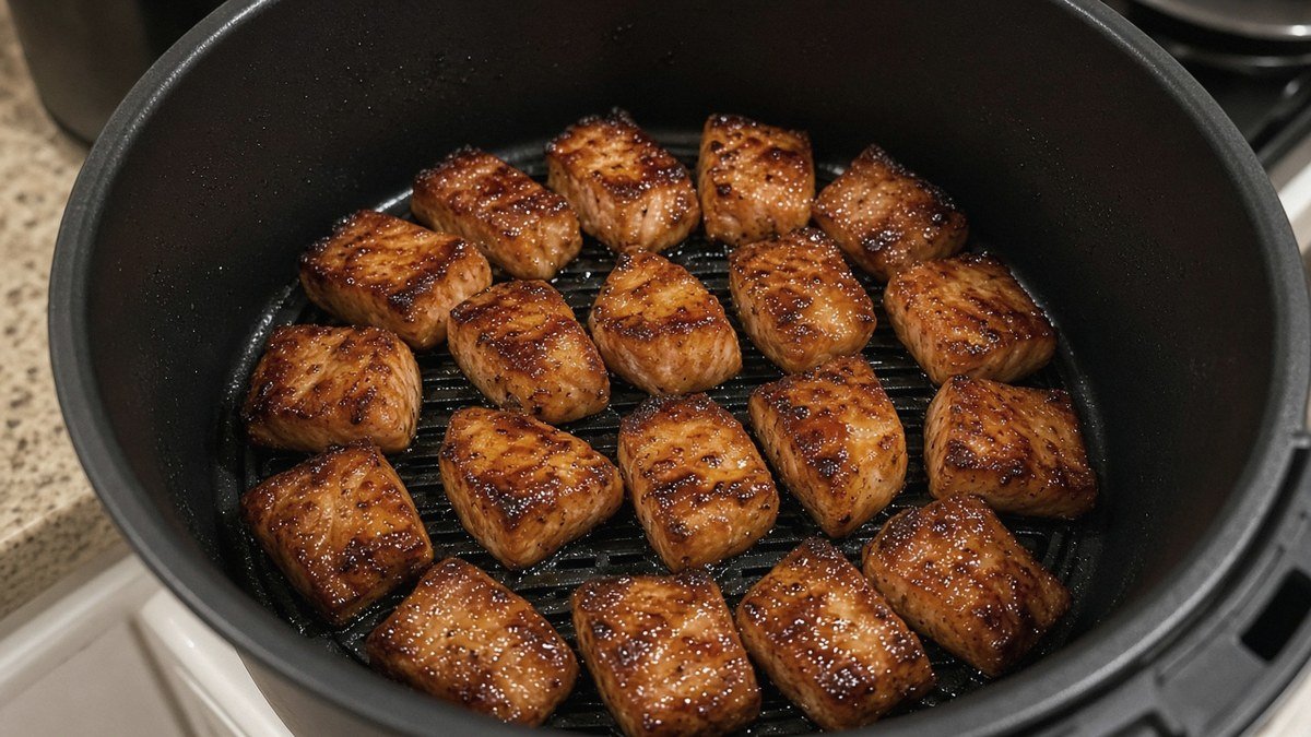Air fryer basket of glazed honey soy salmon bites in a single layer