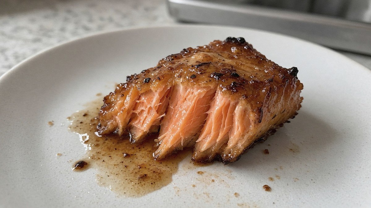 Air fryer salmon bite broken open to show flaky pink inside