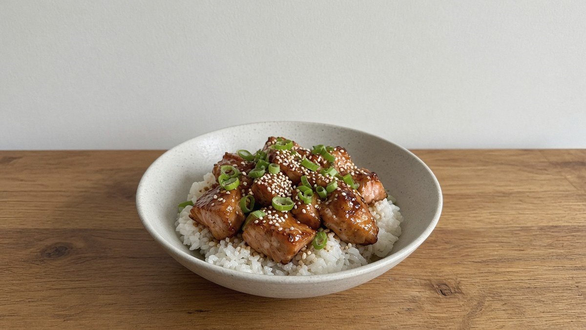 Honey soy air fryer salmon bites over rice with sesame seeds and green onion