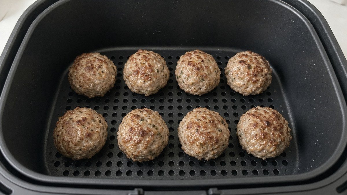 Air fryer basket of browned air fryer turkey meatballs