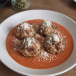 Four air fryer turkey meatballs on marinara sauce with parmesan in a shallow bowl