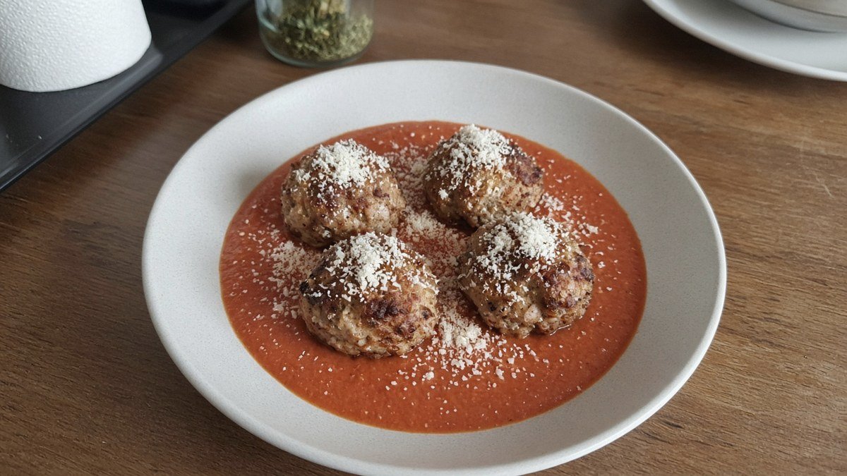Four air fryer turkey meatballs on marinara sauce with parmesan in a shallow bowl