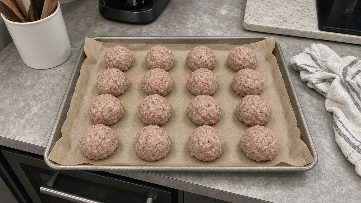 Raw rolled turkey meatballs on a parchment-lined sheet pan before air frying