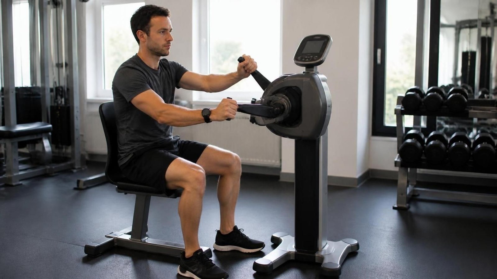 Man using an arm ergometer (arm bike) for seated cardio