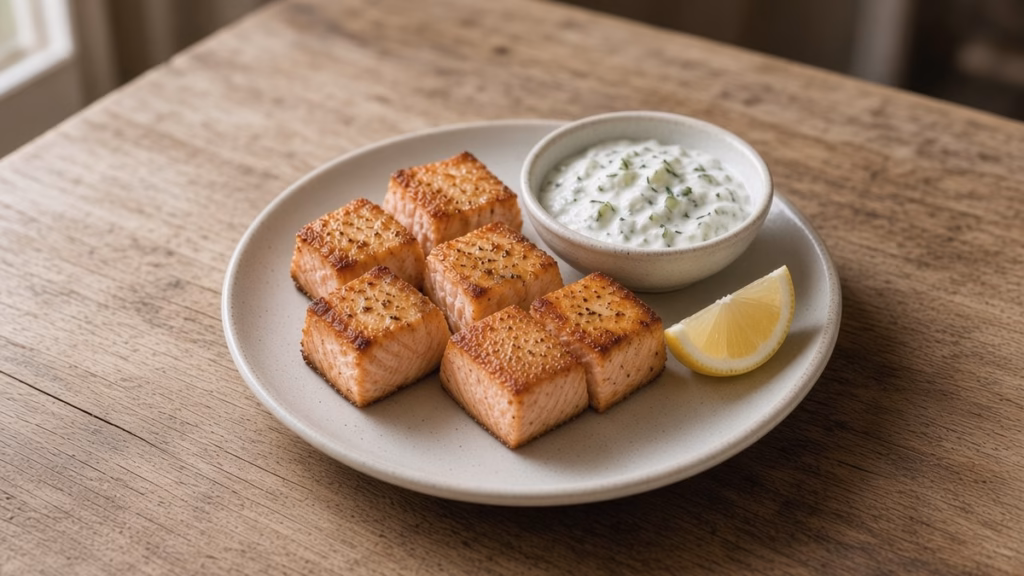 Six baked salmon bites with lemon dill yogurt sauce on a small plate