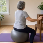 Senior sitting on a gray stability ball on a yoga mat in a bright living room, a wooden chair beside for support