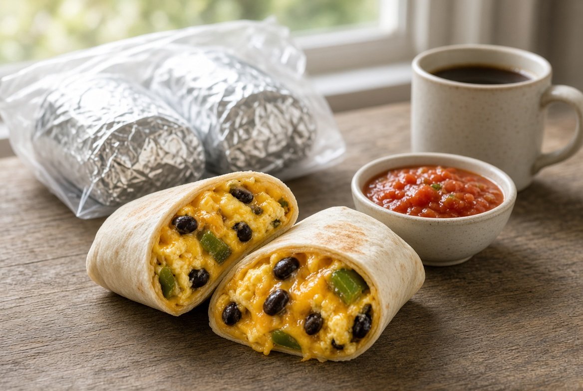 Two black bean and egg breakfast burritos cut in half to show scrambled eggs, black beans and peppers, with a small bowl of salsa