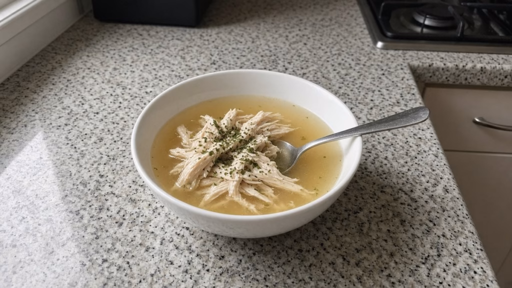 Small bowl of broth with shredded chicken