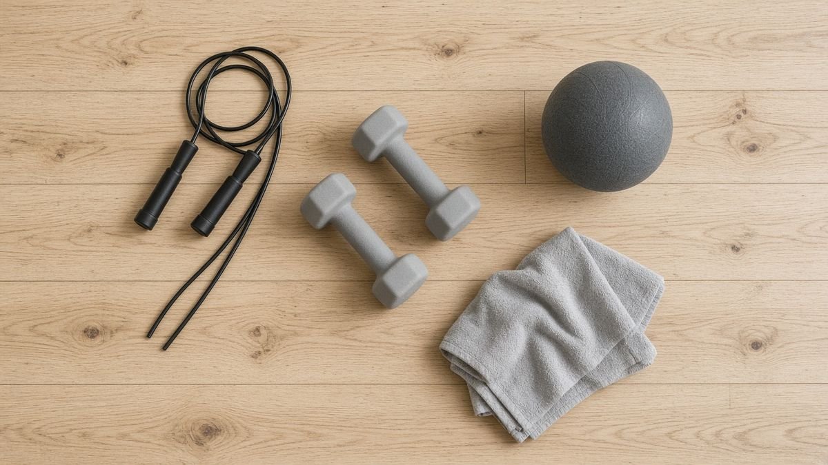 Equipment for cardio without legs: jump rope, dumbbells and medicine ball