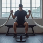 Man seated on a bench doing battle rope waves for cardio without legs