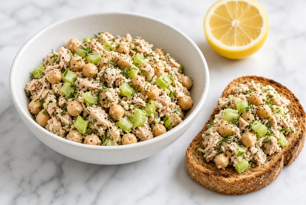 Chickpea tuna salad in a white bowl with diced celery and onion, next to slices of whole-wheat toast and a lemon wedge