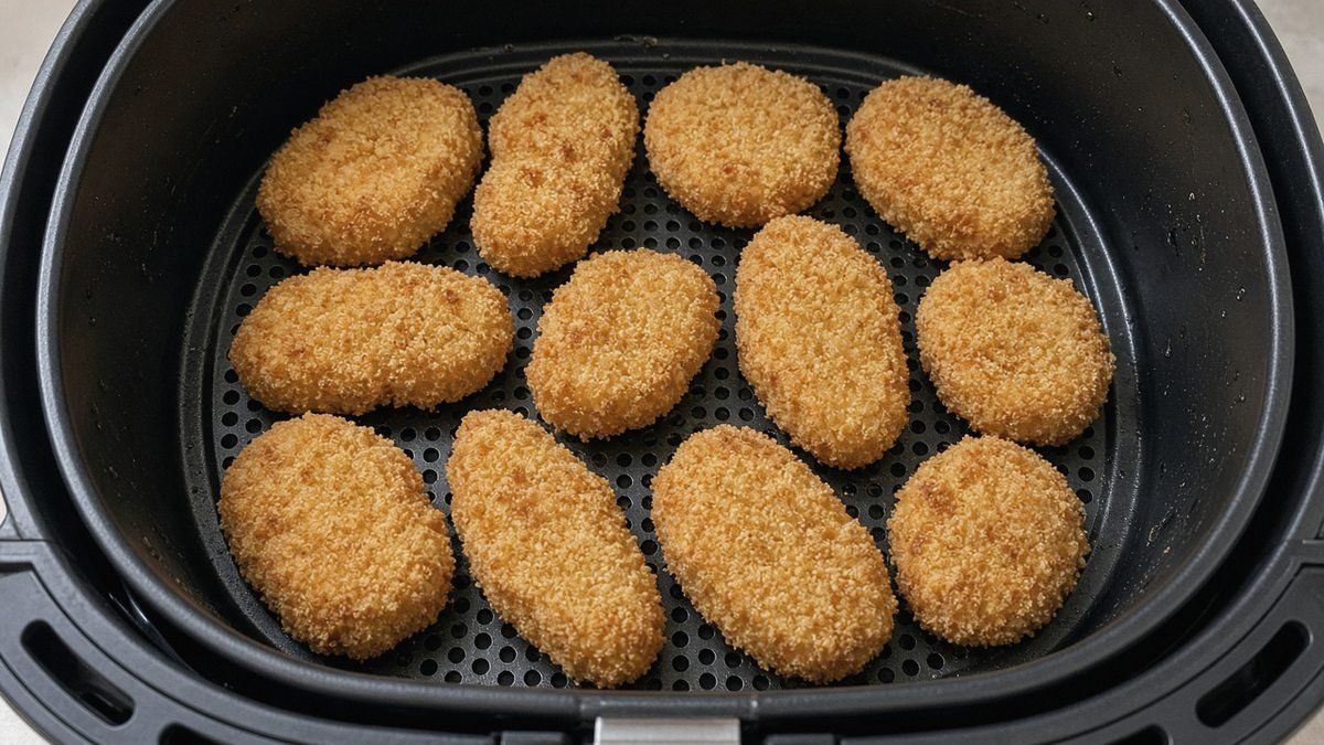 Air fryer basket of golden copycat Chick-fil-A air fryer nuggets in a single layer