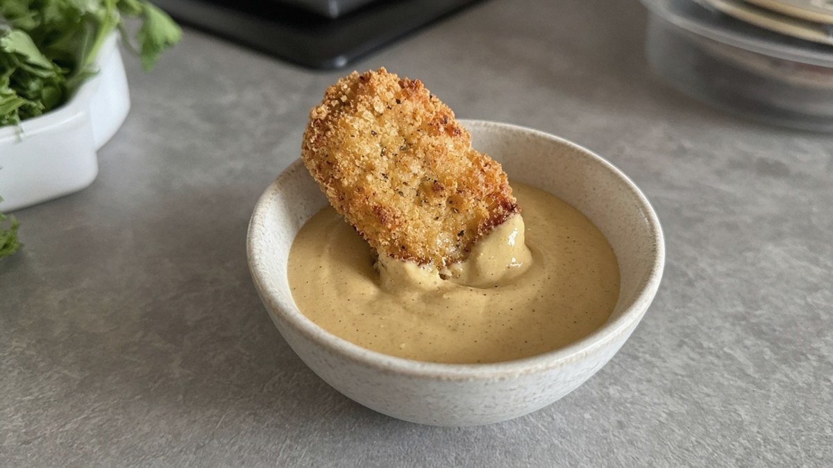 Copycat Chick-fil-A air fryer nugget dipped in honey mustard yogurt dip
