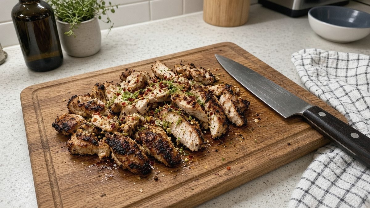 Chopped chili-lime chicken breast with charred edges on a cutting board for copycat Chipotle chicken burrito bowl