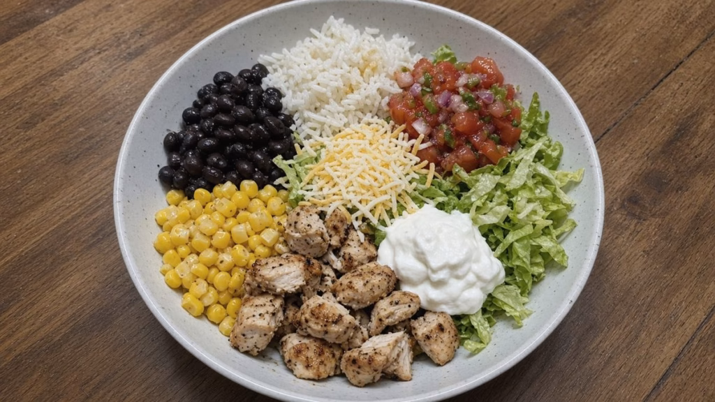 Copycat Chipotle chicken burrito bowl with rice, black beans, corn, shredded romaine, salsa and yogurt crema