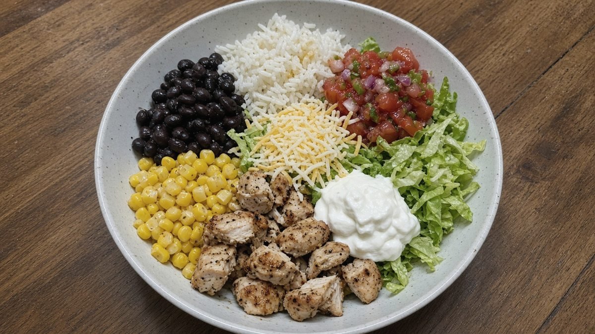 Copycat Chipotle chicken burrito bowl with rice, black beans, corn, shredded romaine, salsa and yogurt crema