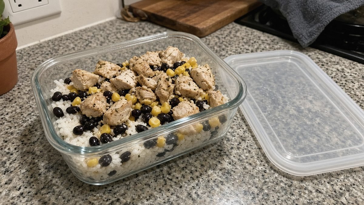 Copycat Chipotle chicken burrito bowl meal prep in a glass container with rice, beans, corn and chicken