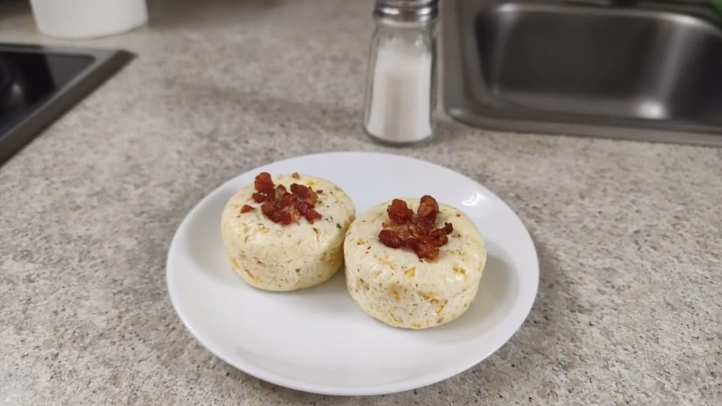 Two copycat Starbucks bacon and Gruyère egg bites on a small white plate