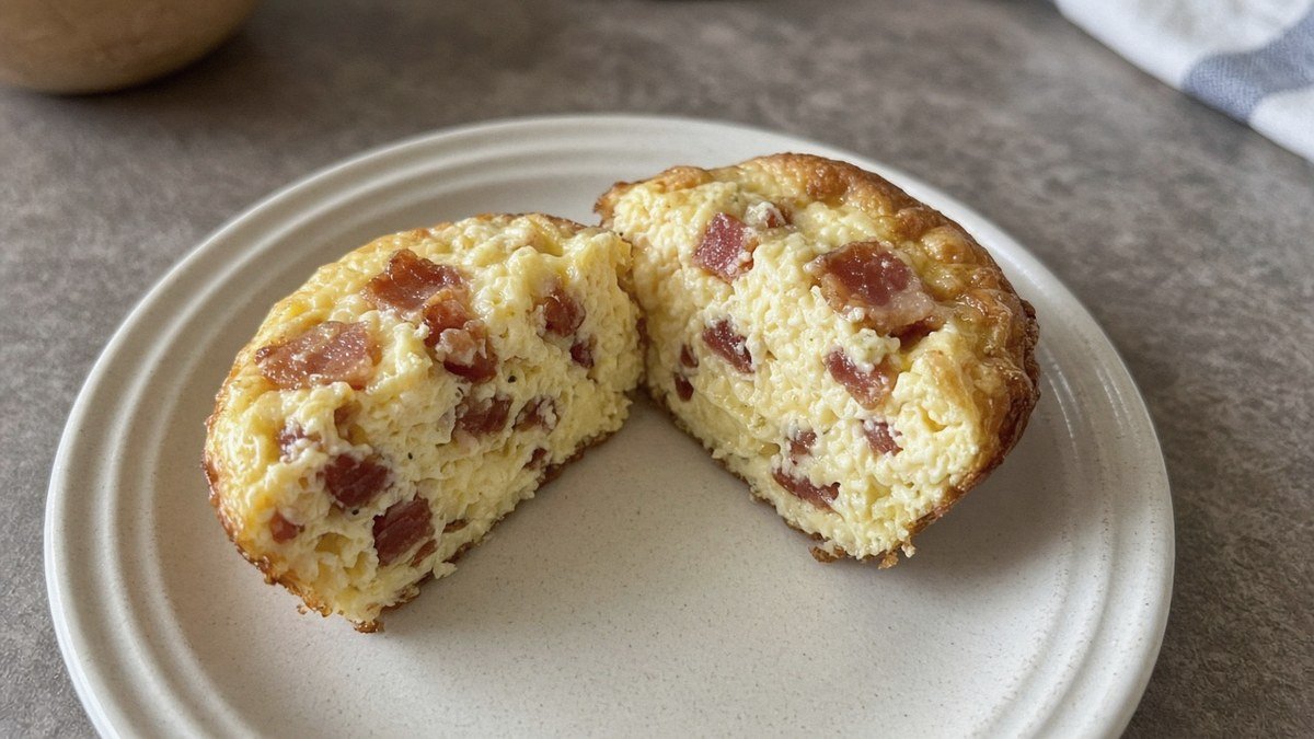 Cut-open copycat Starbucks egg bite showing a soft yellow center with bacon bits