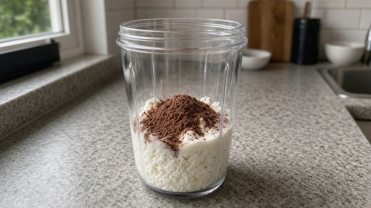 Cottage cheese, cocoa powder and maple syrup in a blender before blending
