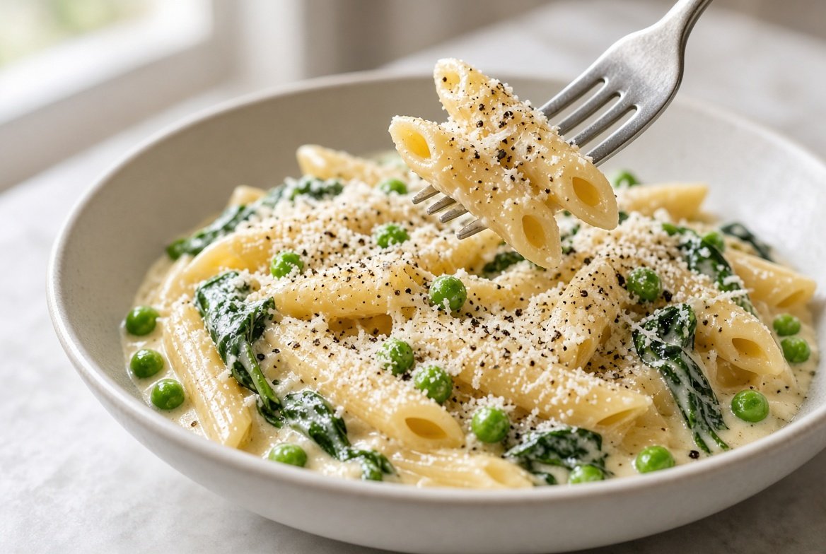 Bowl of creamy cottage cheese pasta with penne, spinach, green peas, grated Parmesan and cracked black pepper