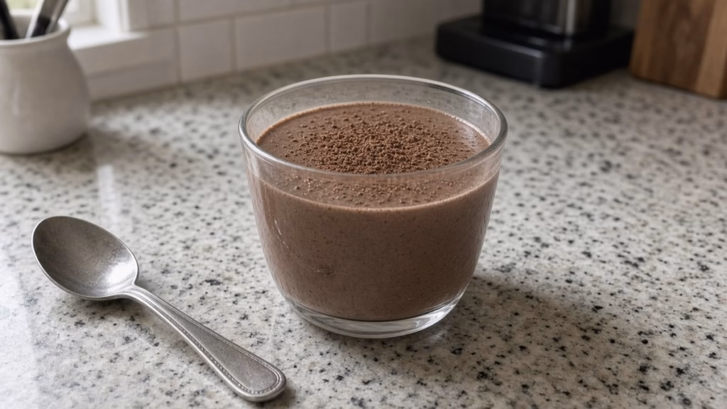 Smooth chocolate cottage cheese protein pudding in a small glass cup