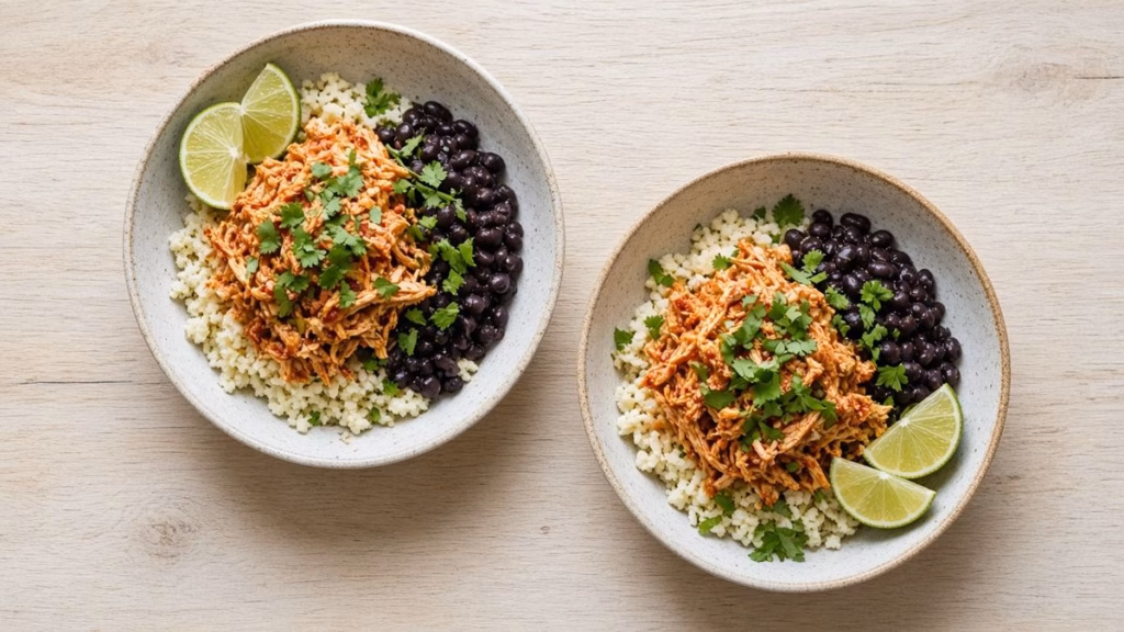 Shredded crockpot salsa chicken with black beans in bowls