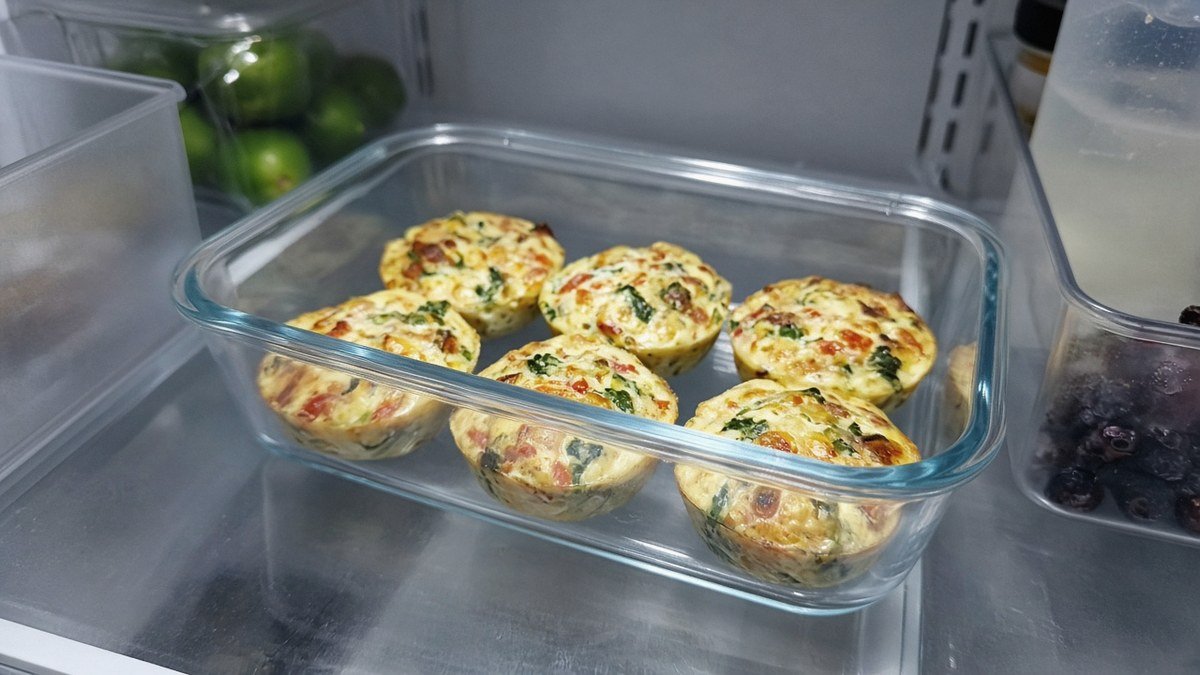 Baked egg bites stored in a container in the fridge for make-ahead breakfasts