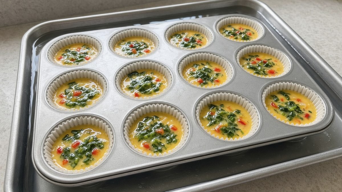 Egg bite mixture in a muffin tin set over a water bath before baking