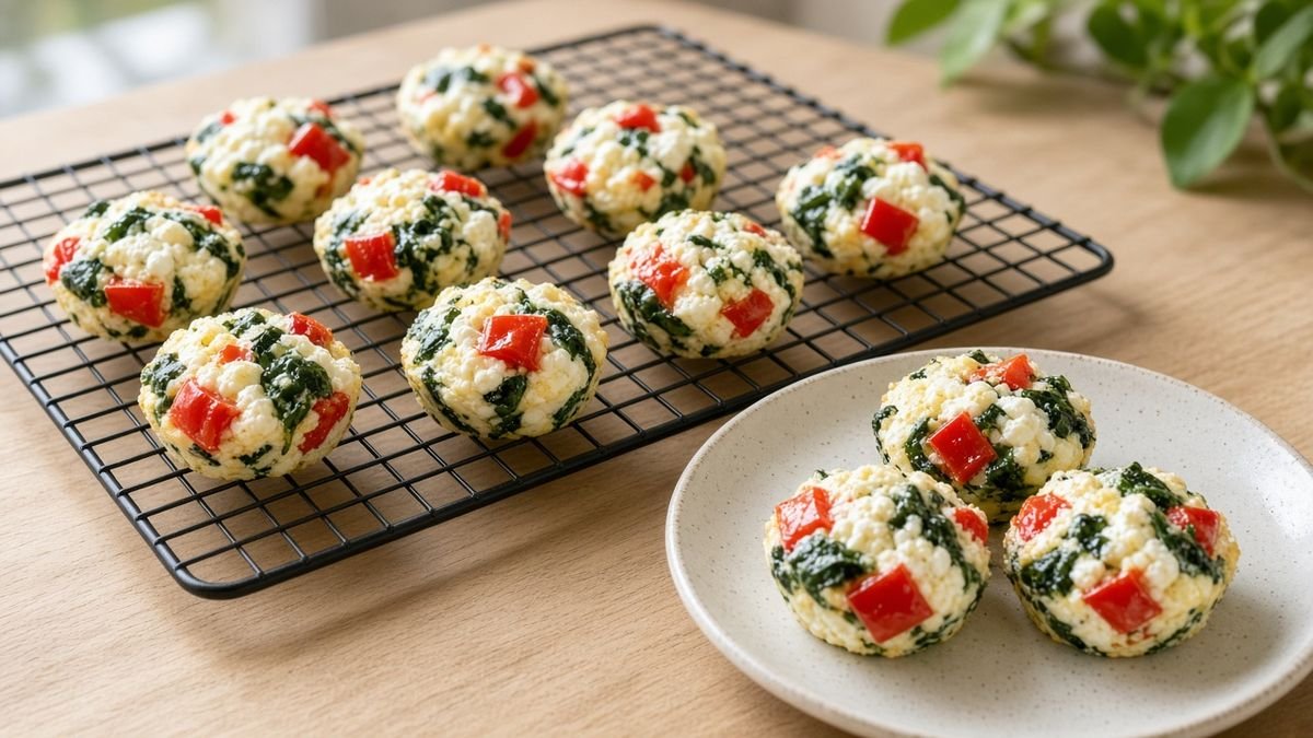 Egg white cottage cheese bites with spinach and red pepper for meal prep