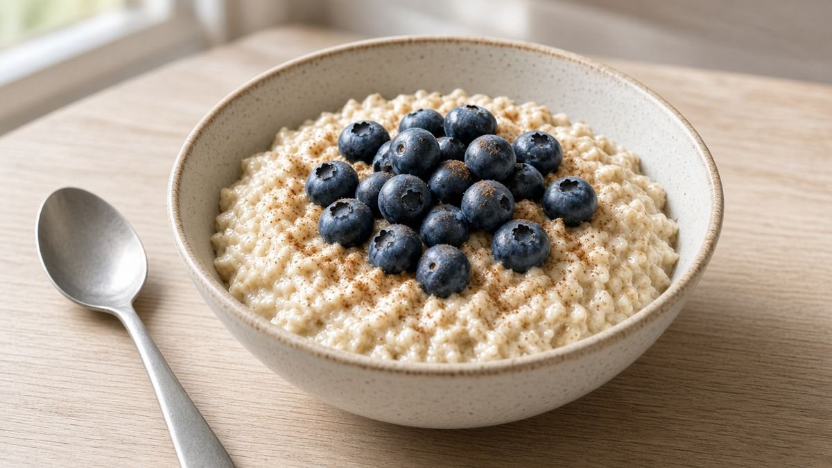 Fluffy egg white oatmeal with blueberries in a bowl