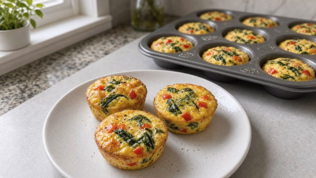 GLP-1 friendly high-protein egg bites with spinach and red pepper on a small plate