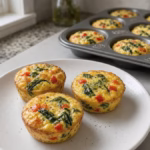 GLP-1 friendly high-protein egg bites with spinach and red pepper on a small plate