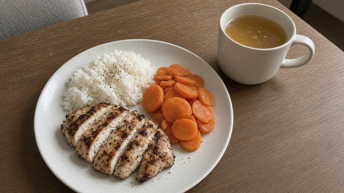 Small plate with lean protein, soft cooked vegetables and a small portion of carbs