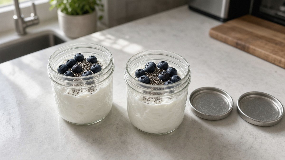 Small jars of Greek yogurt and cottage cheese mix prepped for the week