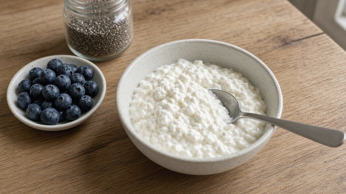 Greek yogurt and cottage cheese stirred together until smooth and creamy
