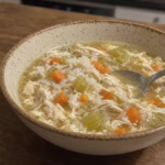 Bowl of chicken and rice soup with egg white ribbons