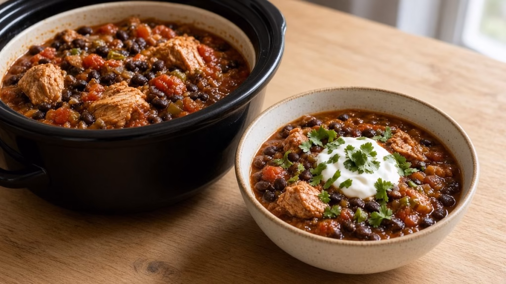 Slow cooker turkey and black bean chili, a high-protein crockpot meal for weight loss