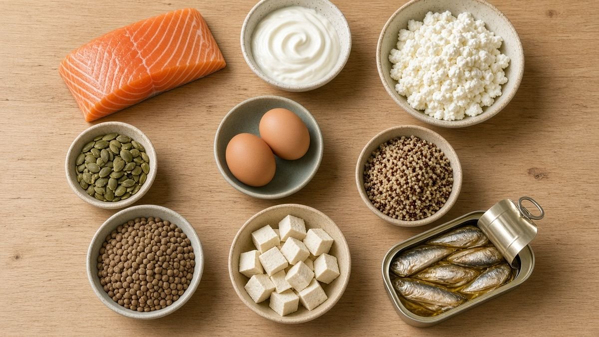 High-protein foods including salmon, eggs, Greek yogurt and lentils