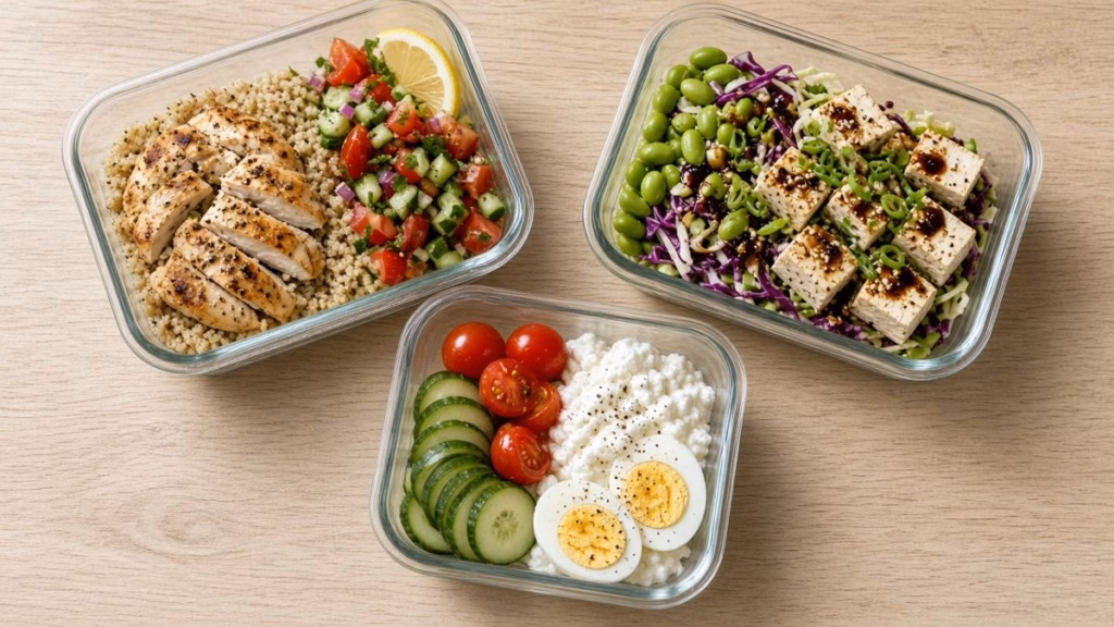 Three high-protein cold lunches with no microwave needed in glass containers