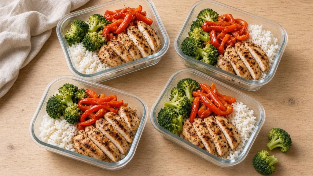 High-protein meal prep containers with chicken, rice and vegetables