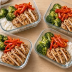 High-protein meal prep containers with chicken, rice and vegetables