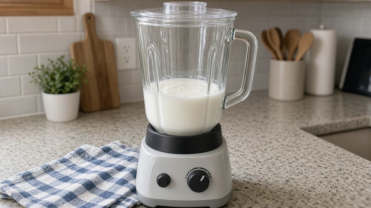 Blender jar of smooth blended cottage cheese for high-protein Panera broccoli cheddar soup