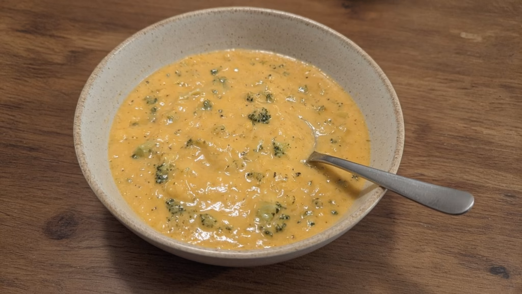Bowl of high-protein copycat Panera broccoli cheddar soup with broccoli and a spoon