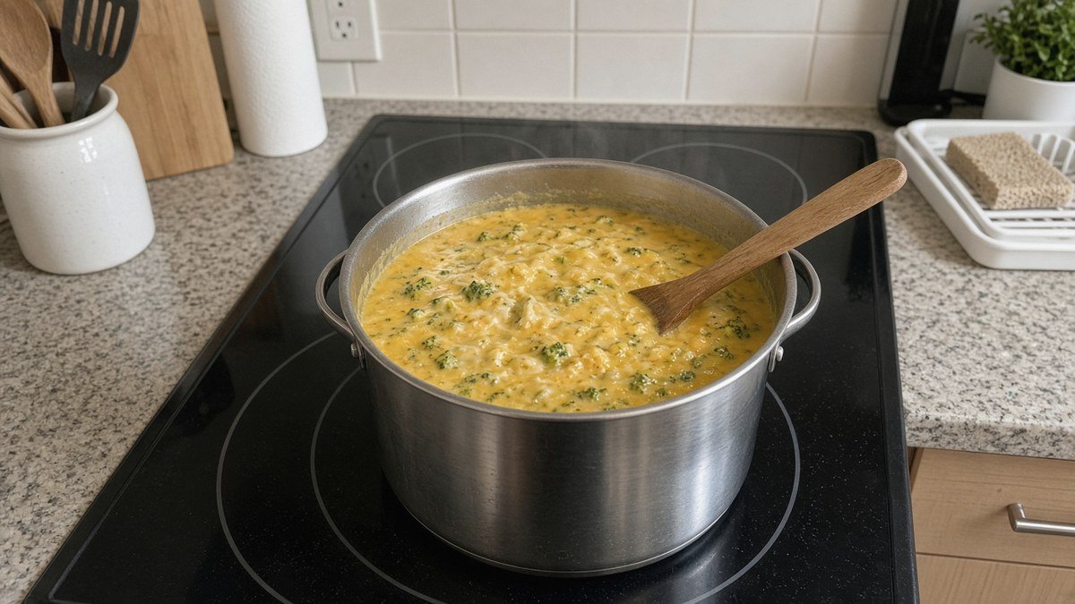 Pot of high-protein broccoli cheddar soup with a wooden spoon on a stovetop