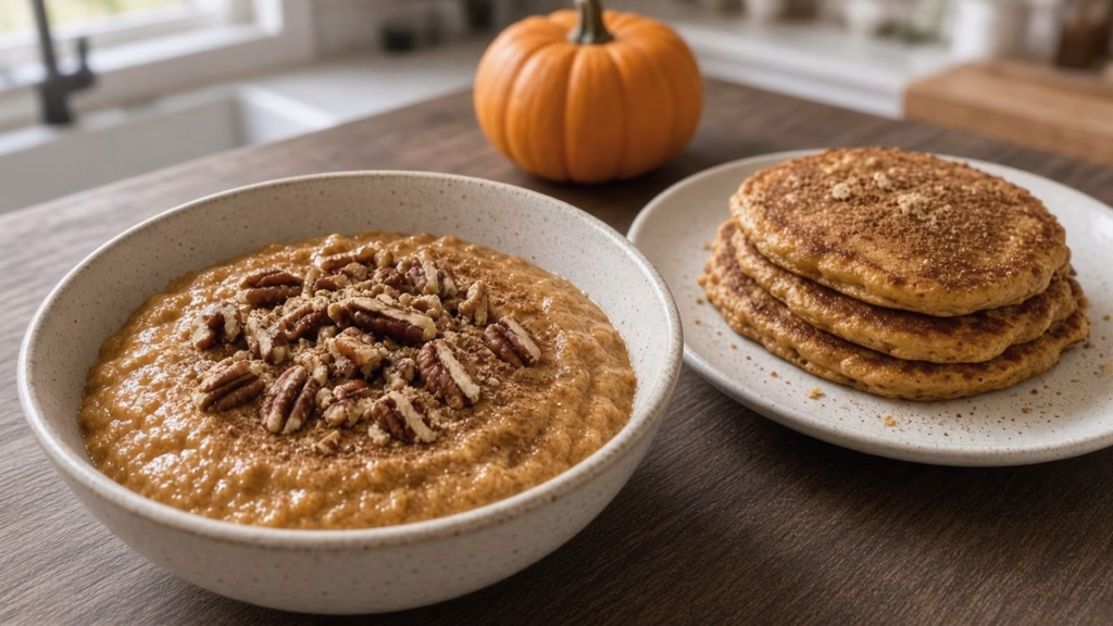 High-protein pumpkin recipes for weight loss: pumpkin yogurt bowl and pancakes