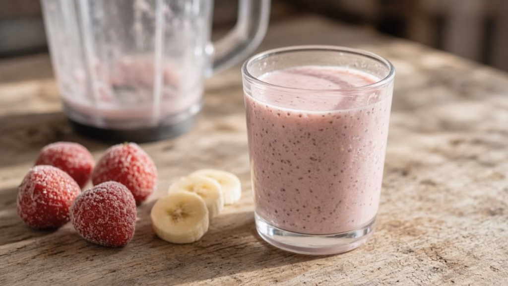 Small glass of high-protein strawberry banana smoothie