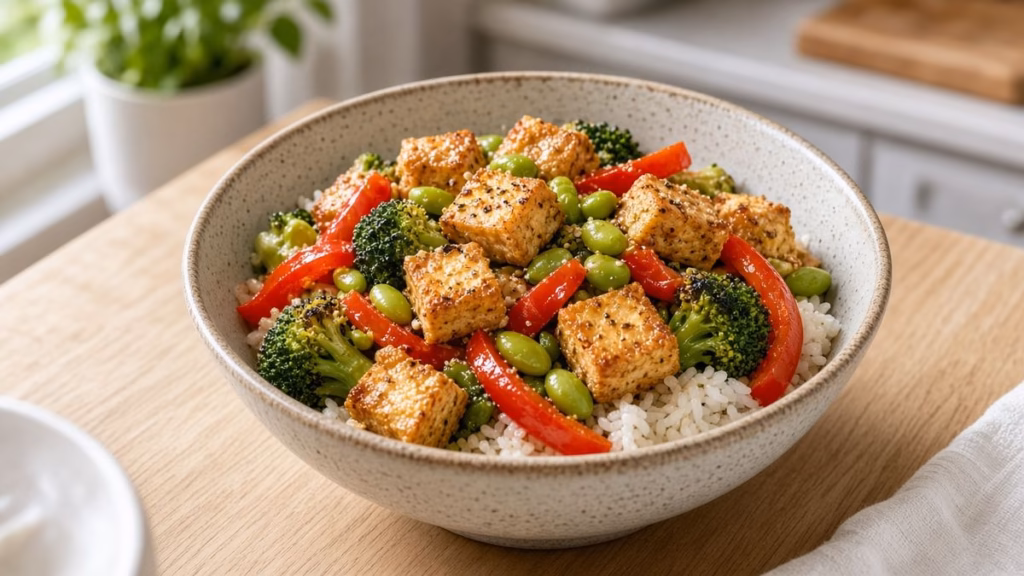 High-protein vegetarian dinner: crispy tofu stir-fry with edamame