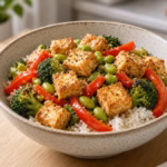 High-protein vegetarian dinner: crispy tofu stir-fry with edamame